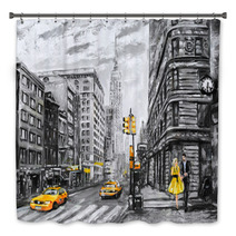 Oil Painting On Canvas Street View Of New York Man And Woman Yellow Taxi Modern Artwork New York In Gray And Yellow Colors American City Illustration New York Bath Decor 125993946