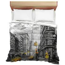 Oil Painting On Canvas Street View Of New York Man And Woman Yellow Taxi Modern Artwork New York In Gray And Yellow Colors American City Illustration New York Bedding 125993946