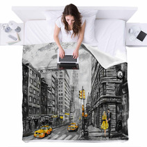 Oil Painting On Canvas Street View Of New York Man And Woman Yellow Taxi Modern Artwork New York In Gray And Yellow Colors American City Illustration New York Blankets 125993946