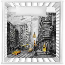 Oil Painting On Canvas Street View Of New York Man And Woman Yellow Taxi Modern Artwork New York In Gray And Yellow Colors American City Illustration New York Nursery Decor 125993946