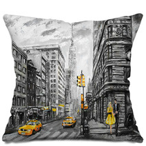 Oil Painting On Canvas Street View Of New York Man And Woman Yellow Taxi Modern Artwork New York In Gray And Yellow Colors American City Illustration New York Pillows 125993946