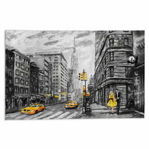 Oil Painting On Canvas Street View Of New York Man And Woman Yellow Taxi Modern Artwork New York In Gray And Yellow Colors American City Illustration New York Rugs 125993946