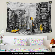 Oil Painting On Canvas Street View Of New York Man And Woman Yellow Taxi Modern Artwork New York In Gray And Yellow Colors American City Illustration New York Wall Art 125993946