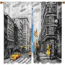 Oil Painting On Canvas Street View Of New York Man And Woman Yellow Taxi Modern Artwork New York In Gray And Yellow Colors American City Illustration New York Window Curtains 125993946