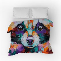 Oil Raccoon Portrait Painting In Multicolored Tones Conceptual Abstract Painting Of A Raccoon Muzzle Closeup Of A Painting By Oil And Palette Knife On Canvas Bedding 273120475
