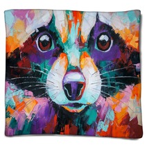 Oil Raccoon Portrait Painting In Multicolored Tones Conceptual Abstract Painting Of A Raccoon Muzzle Closeup Of A Painting By Oil And Palette Knife On Canvas Blankets 273120475