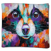 Oil Raccoon Portrait Painting In Multicolored Tones Conceptual Abstract Painting Of A Raccoon Muzzle Closeup Of A Painting By Oil And Palette Knife On Canvas Blankets 273120475
