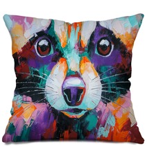 Oil Raccoon Portrait Painting In Multicolored Tones Conceptual Abstract Painting Of A Raccoon Muzzle Closeup Of A Painting By Oil And Palette Knife On Canvas Pillows 273120475
