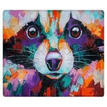 Oil Raccoon Portrait Painting In Multicolored Tones Conceptual Abstract Painting Of A Raccoon Muzzle Closeup Of A Painting By Oil And Palette Knife On Canvas Rugs 273120475