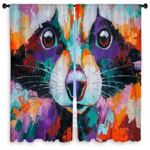 Oil Raccoon Portrait Painting In Multicolored Tones Conceptual Abstract Painting Of A Raccoon Muzzle Closeup Of A Painting By Oil And Palette Knife On Canvas Window Curtains 273120475