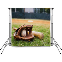 Old Baseball Glove And Bat On Field Backdrops 33249506