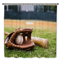 Old Baseball Glove And Bat On Field Bath Decor 33249506