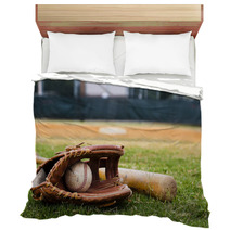 Old Baseball Glove And Bat On Field Bedding 33249506
