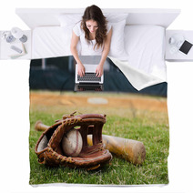 Old Baseball Glove And Bat On Field Blankets 33249506