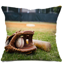 Old Baseball Glove And Bat On Field Pillows 33249506