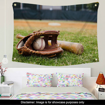 Old Baseball Glove And Bat On Field Wall Art 33249506