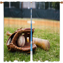 Old Baseball Glove And Bat On Field Window Curtains 33249506
