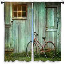 Old Bicycle Leaning Against Grungy Barn Window Curtains 26545268