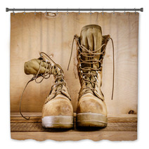 Old Brown Military Boots On A Wooden Table Bath Decor 127621049