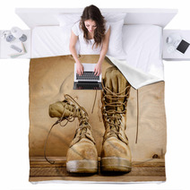 Old Brown Military Boots On A Wooden Table Blankets 127621049