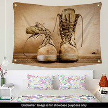 Old Brown Military Boots On A Wooden Table Wall Art 127621049