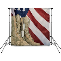 Old Combat Boots And Dog Tags With American Flag Backdrops 108415466
