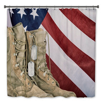 Old Combat Boots And Dog Tags With American Flag Bath Decor 108415466