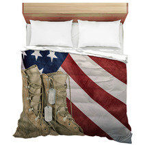 Old Combat Boots And Dog Tags With American Flag Bedding 108415466
