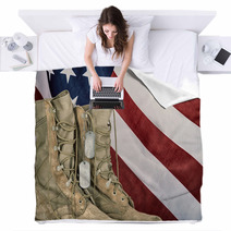 Old Combat Boots And Dog Tags With American Flag Blankets 108415466
