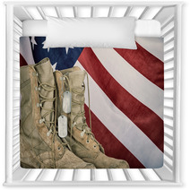 Old Combat Boots And Dog Tags With American Flag Nursery Decor 108415466