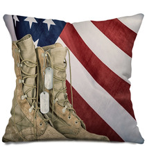 Old Combat Boots And Dog Tags With American Flag Pillows 108415466