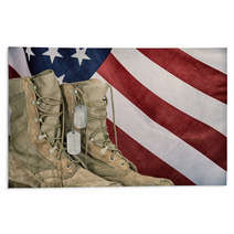 Old Combat Boots And Dog Tags With American Flag Rugs 108415466