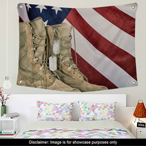 Old Combat Boots And Dog Tags With American Flag Wall Art 108415466