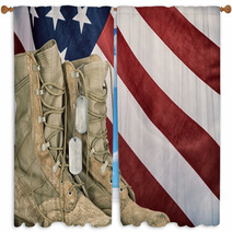 Old Combat Boots And Dog Tags With American Flag Window Curtains 108415466