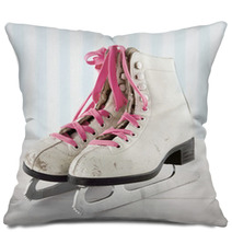 Old Ice Skates On White And Blue Vintage Background Pillows 56600592