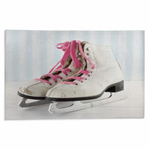 Old Ice Skates On White And Blue Vintage Background Rugs 56600592