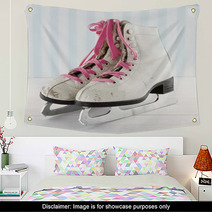 Old Ice Skates On White And Blue Vintage Background Wall Art 56600592