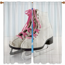 Old Ice Skates On White And Blue Vintage Background Window Curtains 56600592