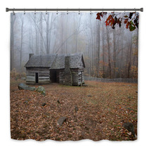 Old Log Cabin In The Woods With Morning Fog Bath Decor 51193624