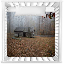 Old Log Cabin In The Woods With Morning Fog Nursery Decor 51193624