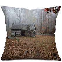 Old Log Cabin In The Woods With Morning Fog Pillows 51193624