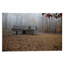 Old Log Cabin In The Woods With Morning Fog Rugs 51193624
