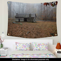Old Log Cabin In The Woods With Morning Fog Wall Art 51193624