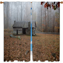 Old Log Cabin In The Woods With Morning Fog Window Curtains 51193624