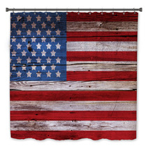 Old Painted American Flag On Dark Wooden Fence Bath Decor 53519980