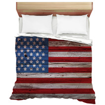 Old Painted American Flag On Dark Wooden Fence Bedding 53519980