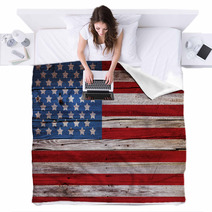 Old Painted American Flag On Dark Wooden Fence Blankets 53519980