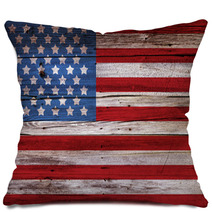 Old Painted American Flag On Dark Wooden Fence Pillows 53519980
