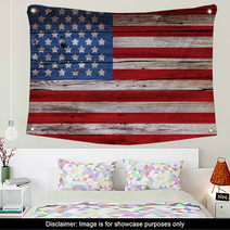 Old Painted American Flag On Dark Wooden Fence Wall Art 53519980