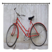 Old Red Bicycle Leaning Against A Wall Bath Decor 2345232